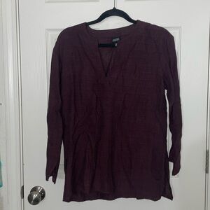 Eileen Fisher Open V-Neck Linen Blend Top Small Burgundy EUC